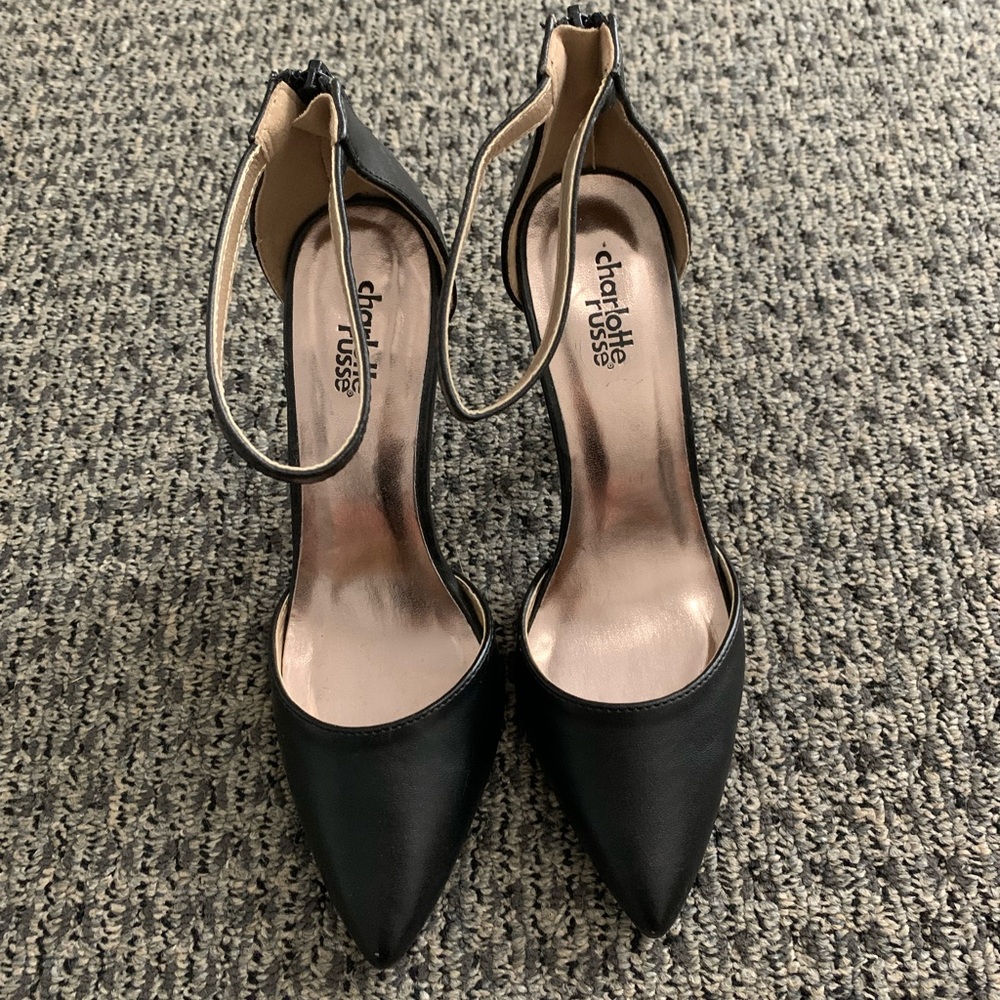 Black Pointed Toe Stiletto with Ankle Strap - 7